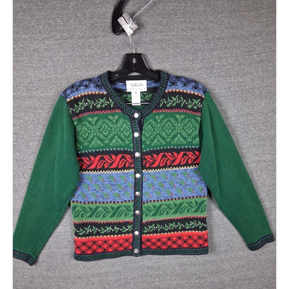 Vintage‎ Talbots Sweater P S Green Knit Cardigan Granny Core Holiday Nordic